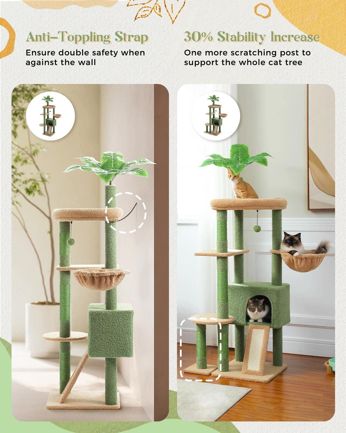 Multi-Level Cat Tree for Indoor Cats, Large Condo, Sisal Scratching Posts, Hammock & Perch, Fresh Cactus Design, Sturdy