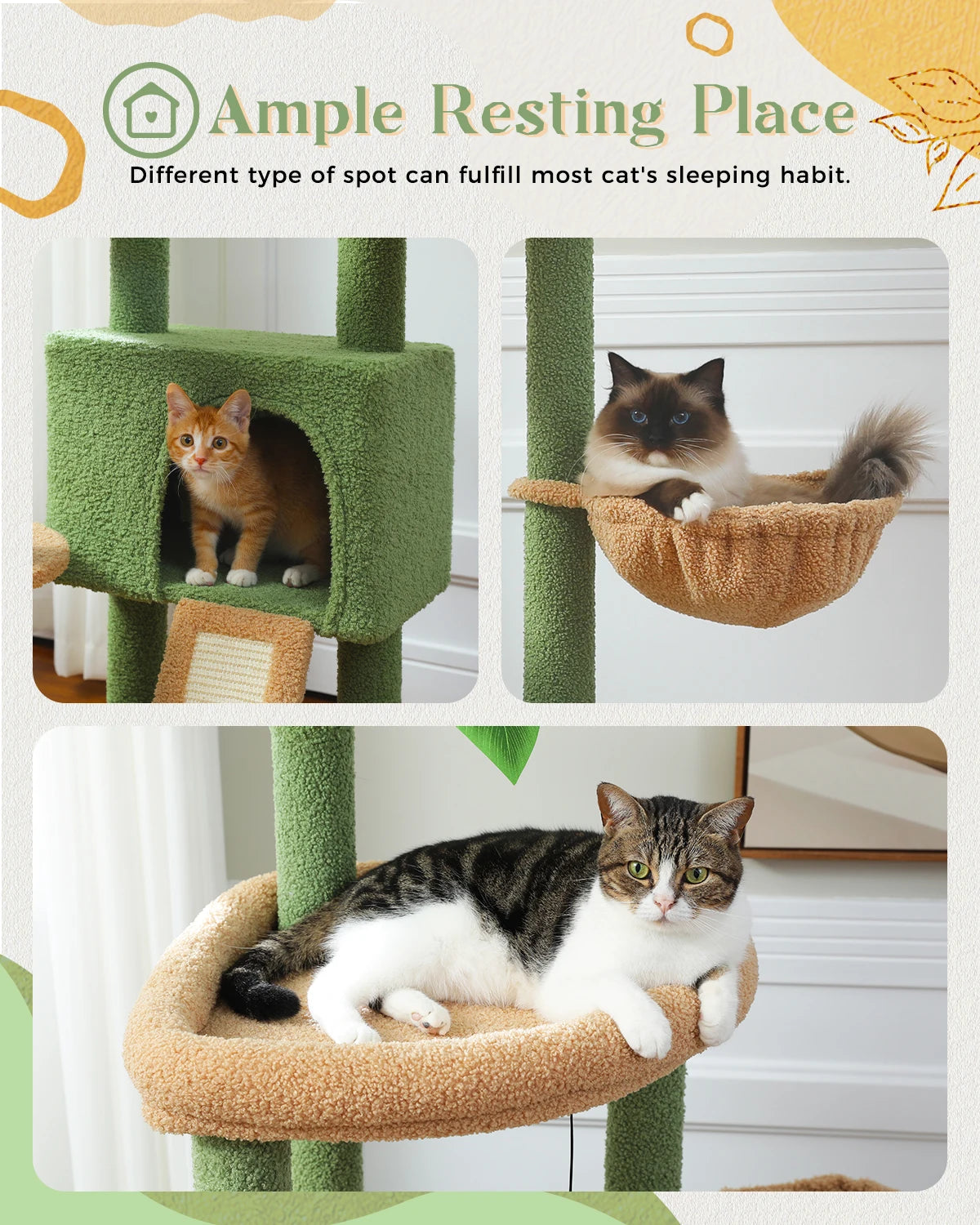 Multi-Level Cat Tree for Indoor Cats, Large Condo, Sisal Scratching Posts, Hammock & Perch, Fresh Cactus Design, Sturdy