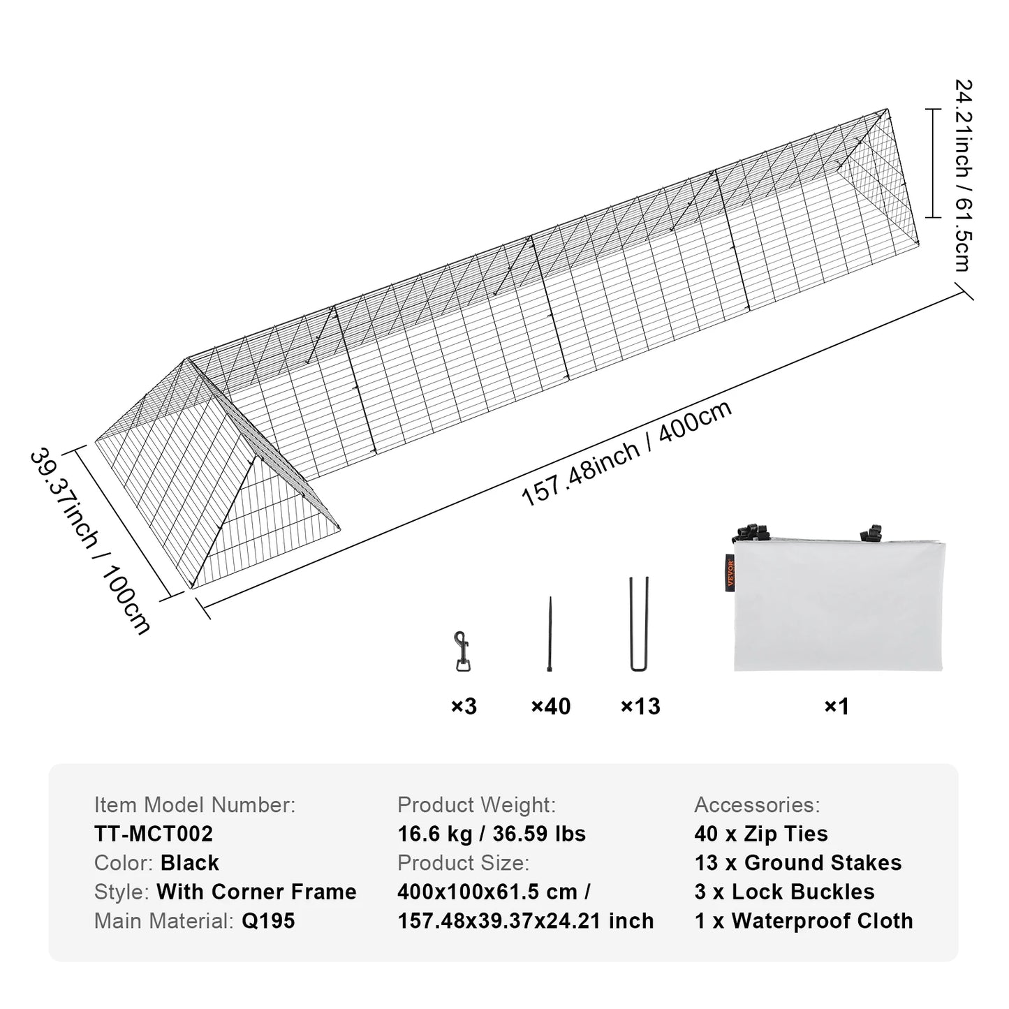 Chicken Tunnels 157.5 x 39.4 x 24.2 in(LxWxH)