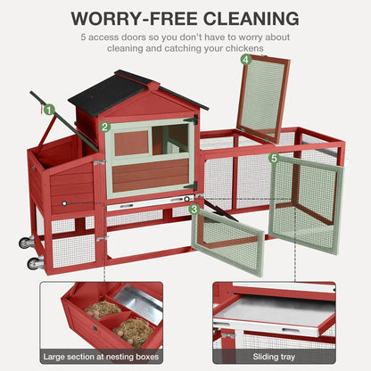 Chicken Coop for Outdoor - Poultry Cage with Wheels, Nesting Box, Leakproof Pull-on Tray, and Asphalt Waterproof Roof - Red