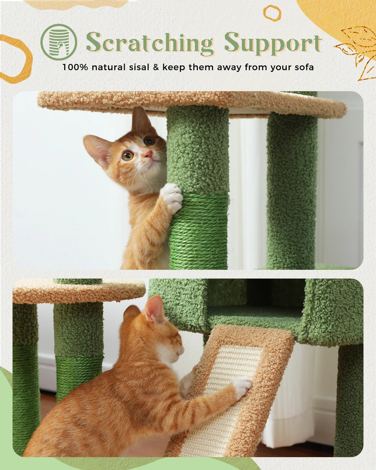 Multi-Level Cat Tree for Indoor Cats, Large Condo, Sisal Scratching Posts, Hammock & Perch, Fresh Cactus Design, Sturdy
