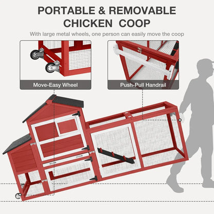 Chicken Coop for Outdoor - Poultry Cage with Wheels, Nesting Box, Leakproof Pull-on Tray, and Asphalt Waterproof Roof - Red